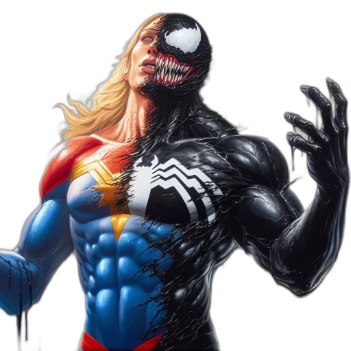 comic book art, concept art, photorealistic, captain, marvel, venom, merge, transform transparent PNG cut-out