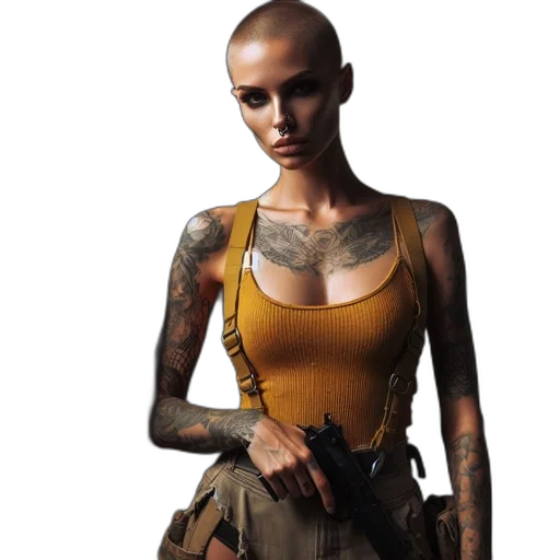 weapon, concept art, cyberpunk, photorealistic, fantasy art, earth tones, tattooed, woman transparent PNG cut-out