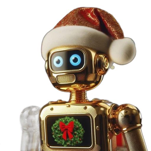 robot, 3d render, gold, santa, hat, christmas, tree, fireplace transparent PNG cut-out