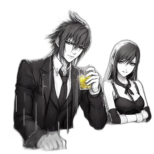 anime, concept art, cartoon, comic book art, fire, monochrome, two, figures transparent PNG cut-out