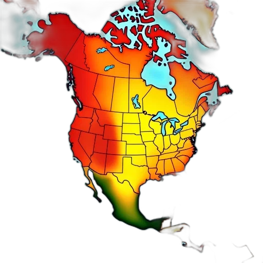 detailed, map, north, america, color-coded, temperature, overlay, divided transparent PNG cut-out
