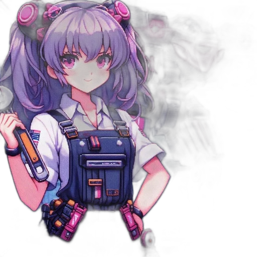 robot, weapon, staff, dress, cyberpunk, pixel art, anime, concept art transparent PNG cut-out