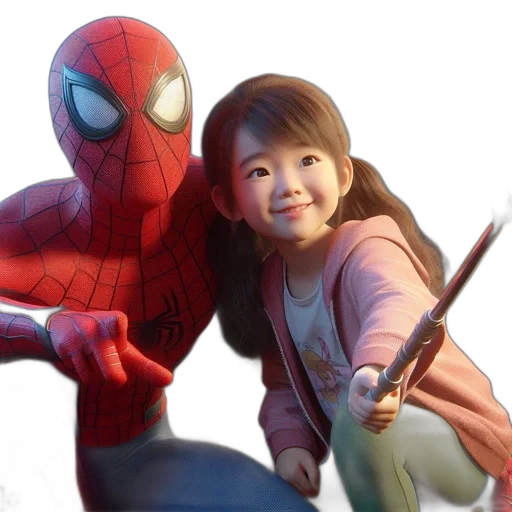 photorealistic, concept art, 3d render, comic book art, spider-man, kneels, next, cheerful transparent PNG cut-out
