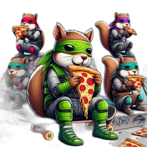 concept art, fantasy art, pixel art, comic book art, green, vibrantly-hued, squirrels, resembling transparent PNG cut-out