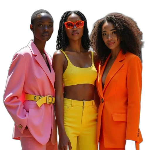 jacket, neon, colorful, pastel, golden, three, women, wearing transparent PNG cut-out