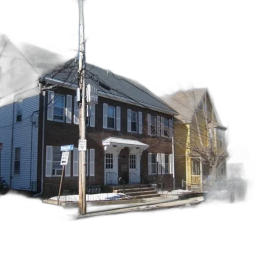 building, 3d render, photorealistic, city street, residential, street, houses, power transparent PNG cut-out
