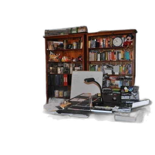 furniture, staff, cluttered, home, office, desk, bookshelves, various transparent PNG cut-out
