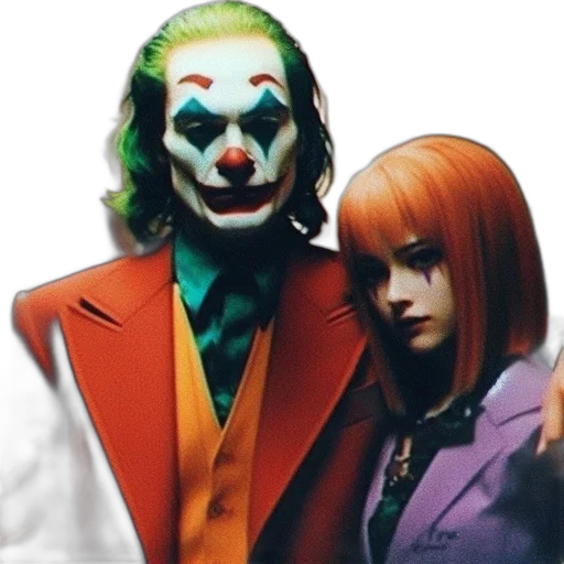 mask, concept art, comic book art, two, characters, depicted, one, clownish transparent PNG cut-out