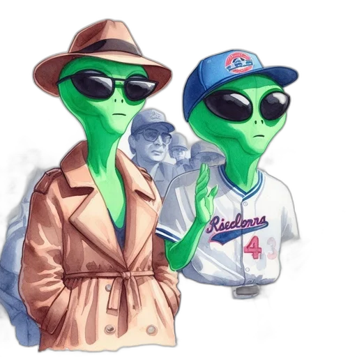 hat, jacket, concept art, cartoon, vaporwave, outer space, two, green-skinned transparent PNG cut-out