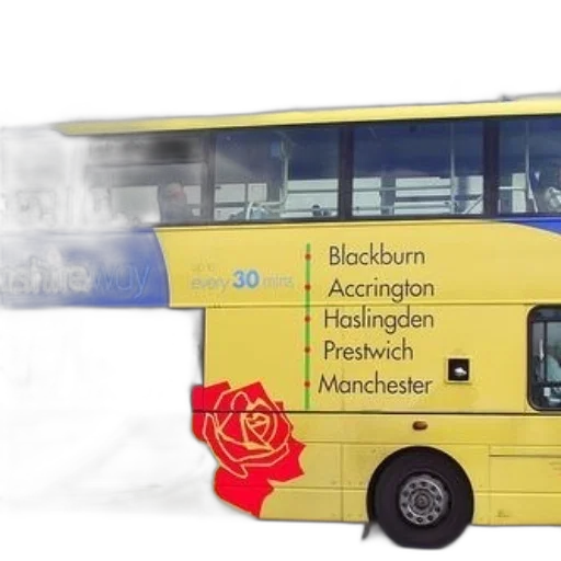 double-decker, bus, yellow, blue, design, featuring, route, blackburn transparent PNG cut-out