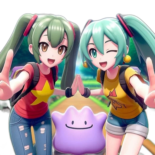 3d render, concept art, pixel art, vaporwave, pastel, two, female, characters transparent PNG cut-out