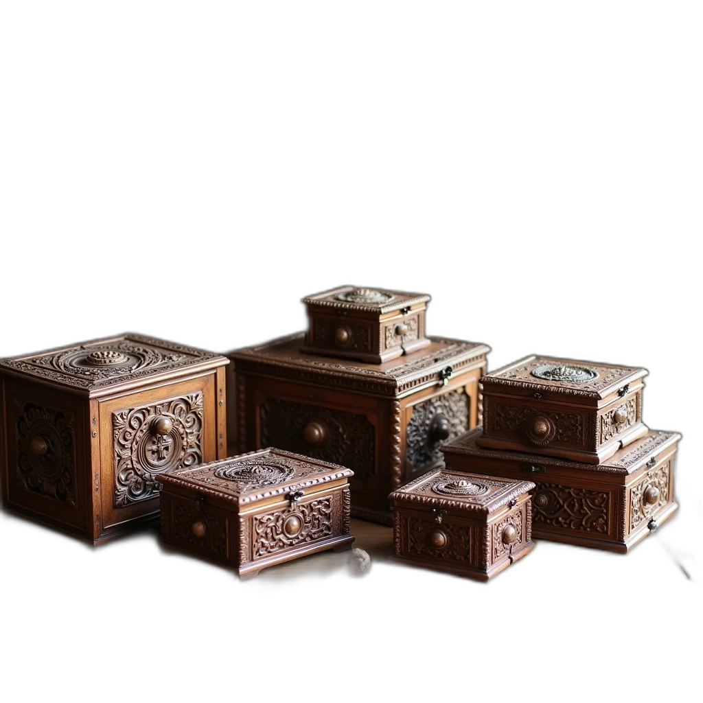 furniture, jewelry, 3d render, collection, intricately, carved, wooden, boxes transparent PNG cut-out
