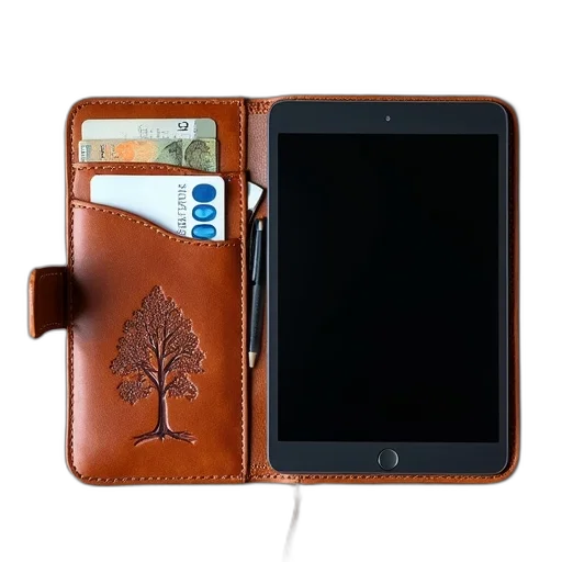 brown, leather, wallet, black, tablet, computer, inside, has transparent PNG cut-out