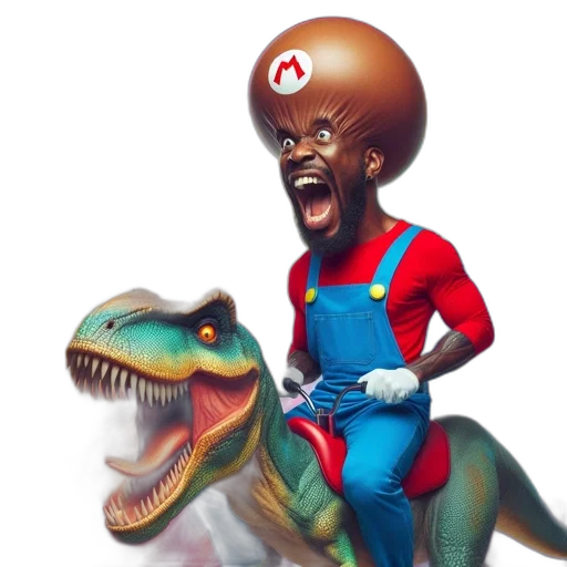 creature, concept art, comic book art, mario, rides, t-rex, dinosaur, vivid transparent PNG cut-out