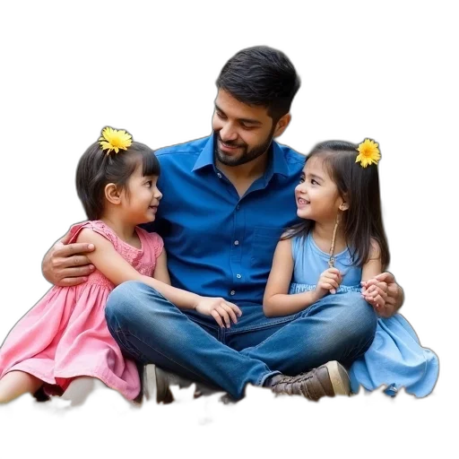 man, sitting, ground, two, young, girls, one, each transparent PNG cut-out