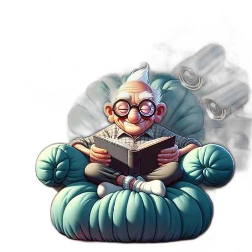 fantasy art, concept art, 3d render, photorealistic, elderly, reader, seated, turquoise transparent PNG cut-out