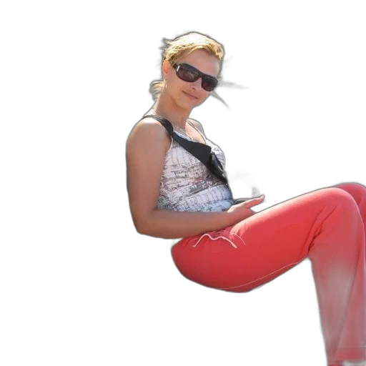 staff, jewelry, 3d render, photorealistic, woman, sunglasses, red, pants transparent PNG cut-out