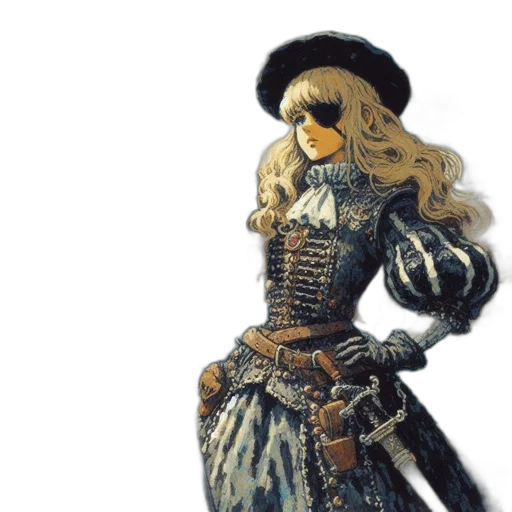 dress, sword, hat, crown, fantasy art, concept art, 3d render, photorealistic transparent PNG cut-out
