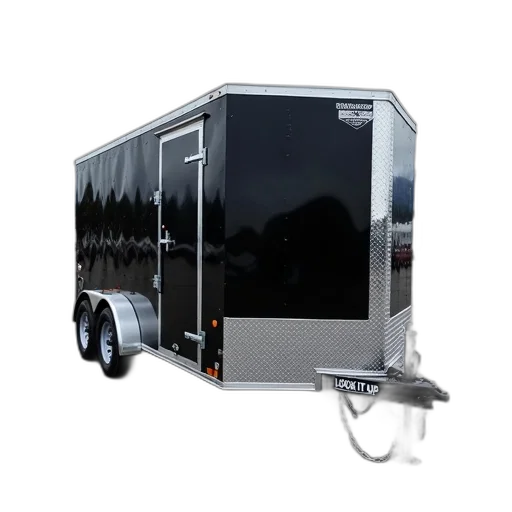 3d render, concept art, black, trailer, silver, bumper, parked, cracked transparent PNG cut-out