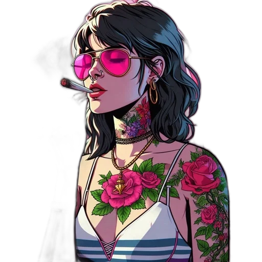dress, jacket, face, flower, vaporwave, cyberpunk, concept art, comic book art transparent PNG cut-out