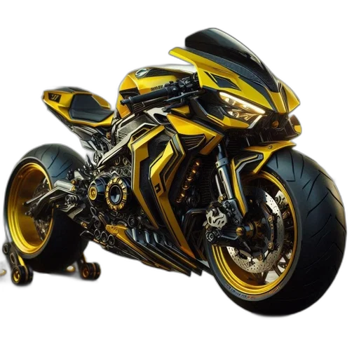 photorealistic, concept art, 3d render, fantasy art, futuristic-looking, yellow, black, motorcycle transparent PNG cut-out