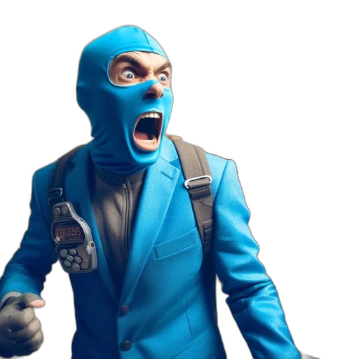 mask, jacket, face, concept art, 3d render, comic book art, blue, individual transparent PNG cut-out