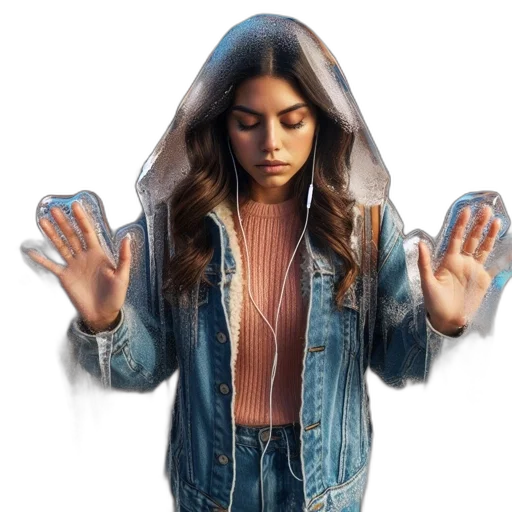 jacket, hair, jewelry, dress, concept art, photorealistic, 3d render, vaporwave transparent PNG cut-out