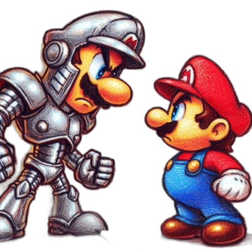 robot, weapon, concept art, pixel art, 3d render, comic book art, two, animated transparent PNG cut-out