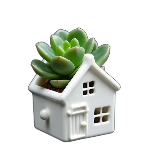 building, 3d render, photorealistic, concept art, white, ceramic, house-shaped, planter transparent PNG cut-out