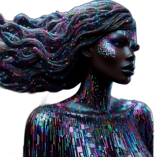 hair, dress, jewelry, crown, cyberpunk, fantasy art, concept art, vaporwave transparent PNG cut-out