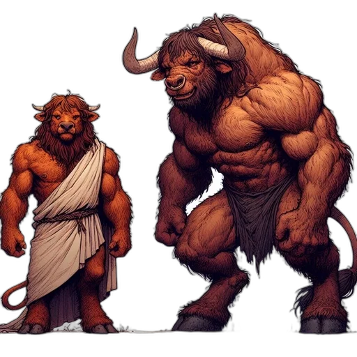 concept art, fantasy art, comic book art, anthropomorphic, bull-human, figures, one, more transparent PNG cut-out