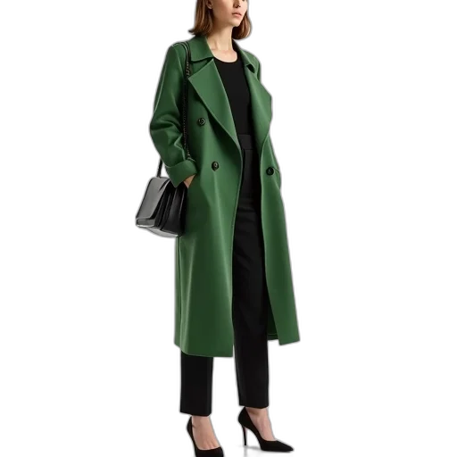 jacket, green, earth tones, woman, standing, front, white, background transparent PNG cut-out