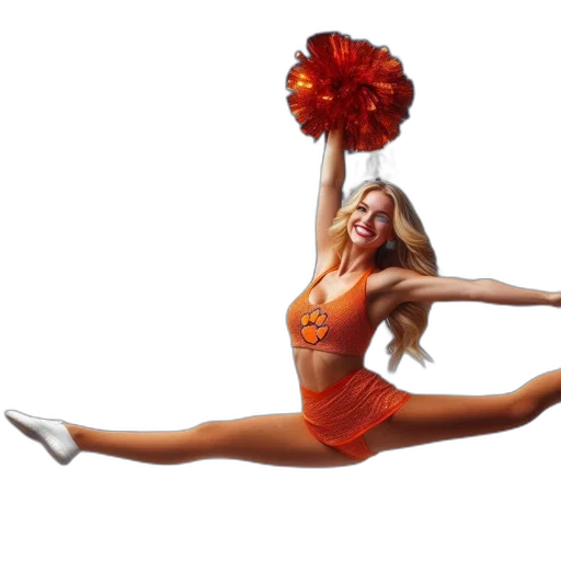 photorealistic, cheerleader, orange-and-white, outfit, performs, split, front, airplane transparent PNG cut-out