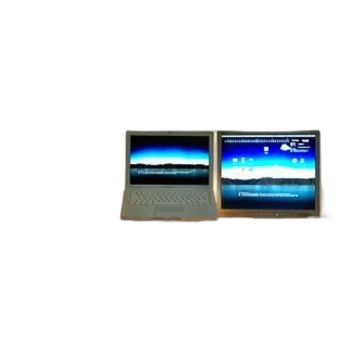 well-organized, workspace, two, monitors, laptop, cup, desk, illuminated transparent PNG cut-out