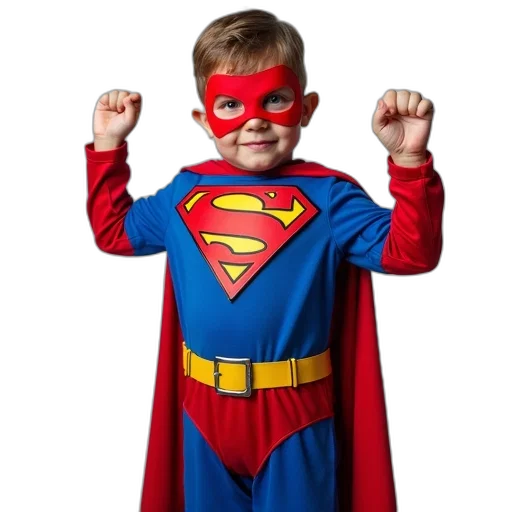 young, boy, dressed, red, blue, superhero, costume, mask transparent PNG cut-out
