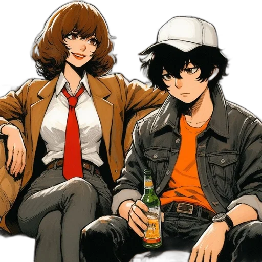jacket, hat, comic book art, anime, concept art, cartoon, fire, city street transparent PNG cut-out