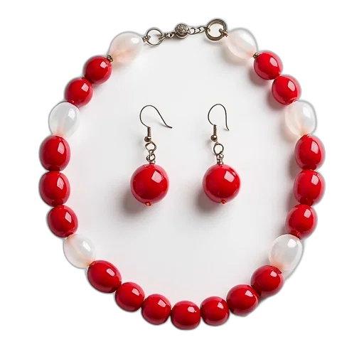 jewelry, red, white, glass, bead, necklace, earrings, set transparent PNG cut-out