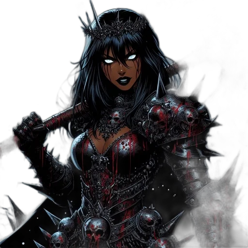 comic book art, fantasy art, concept art, dark, armored, dark-haired, woman, brandishes transparent PNG cut-out