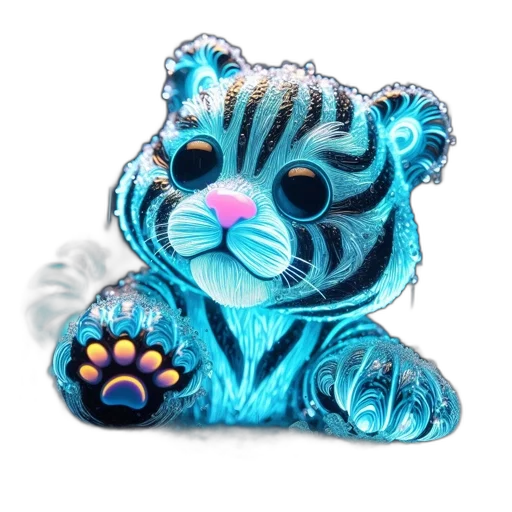 jewelry, creature, 3d render, photorealistic, blue, glowing, neon, tiger-like transparent PNG cut-out