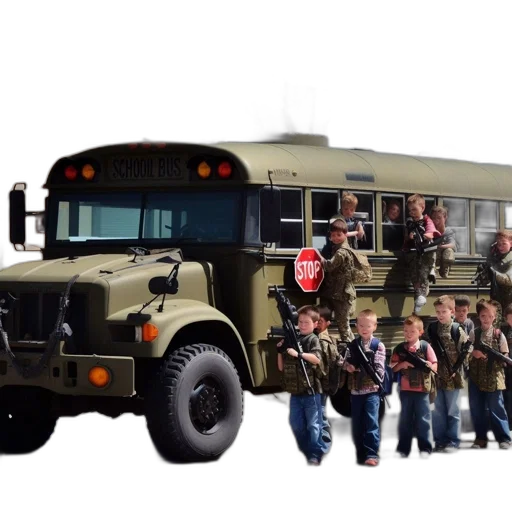 concept art, military-themed, school, bus, adorned, mounted, gun, surrounded transparent PNG cut-out