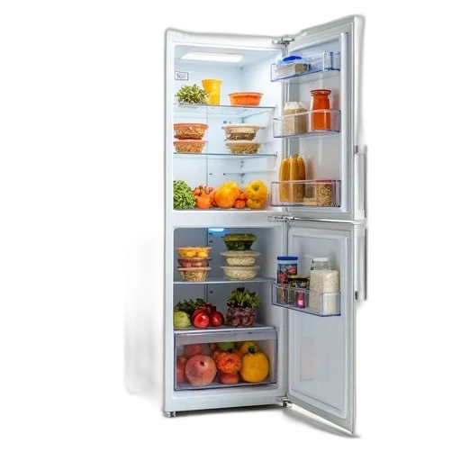 food, white, refrigerator, door, open, revealing, well-organized, interior transparent PNG cut-out