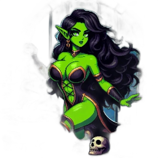 fantasy art, pixel art, concept art, comic book art, green, neon, green-skinned, elf-like transparent PNG cut-out