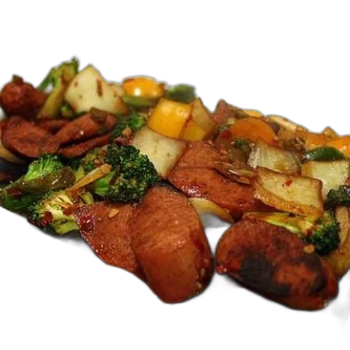 food, vibrant, stir-fry, featuring, sausages, broccoli, colorful, vegetables transparent PNG cut-out