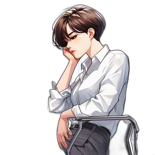 pixel art, concept art, cartoon, anime, woman, sitting, office, her transparent PNG cut-out