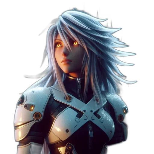 robot, face, hair, sword, concept art, fantasy art, anime, 3d render transparent PNG cut-out