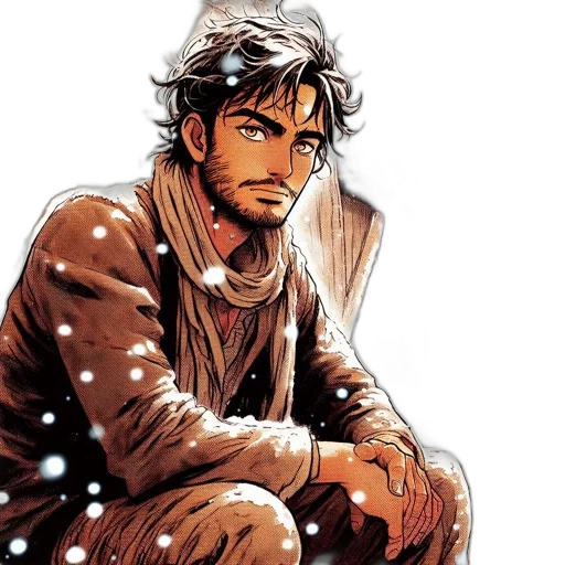 comic book art, concept art, fantasy art, watercolor, snow, earth tones, young, man transparent PNG cut-out