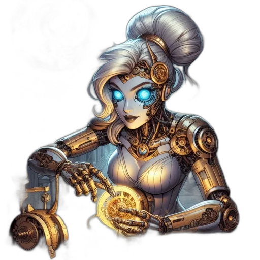 robot, jewelry, staff, fantasy art, concept art, comic book art, cyberpunk, golden transparent PNG cut-out