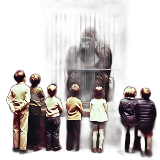 concept art, comic book art, children, observe, gorilla, through, window, brick transparent PNG cut-out