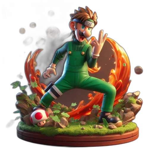 concept art, fantasy art, pixel art, 3d render, green, mario-naruto, hybrid, character transparent PNG cut-out