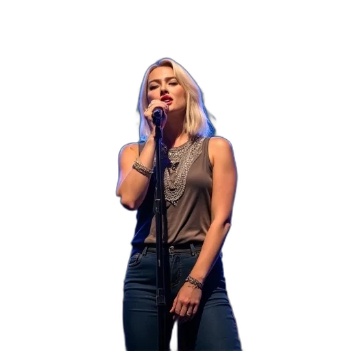 jacket, neon lights, woman, blonde, hair, singing, into, microphone transparent PNG cut-out